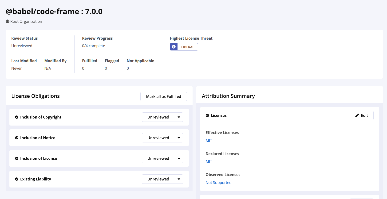 example of the component license details page